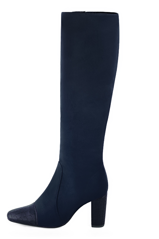 Navy blue women's feminine knee-high boots. Round toe. High block heels. Made to measure. Profile view - Florence KOOIJMAN